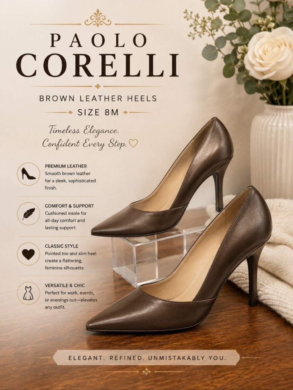 PAOLO CORELLI Brown Leather Women's Heels 8M